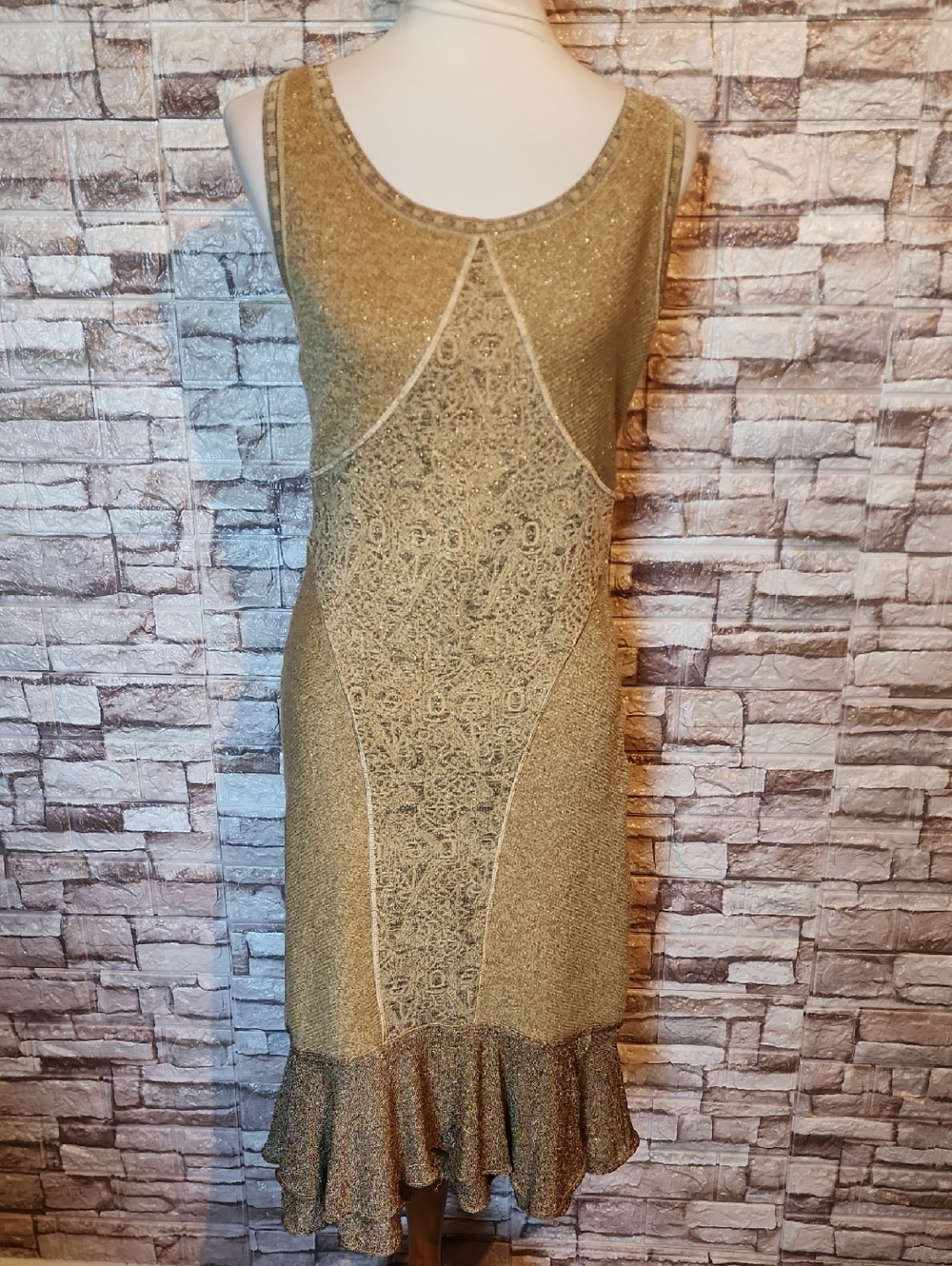 Zac Posen Sleeveless Gold Lace-Panel Knit Dress with Ruffle Hem